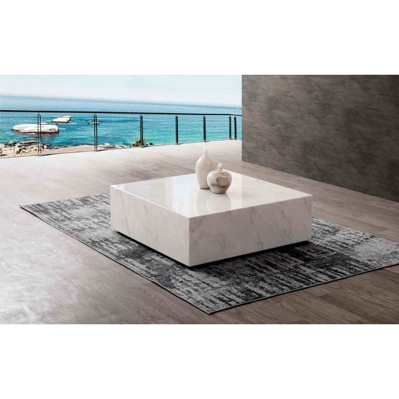 Whiteline Modern Living Cube Square white Marble coffee table, with casters