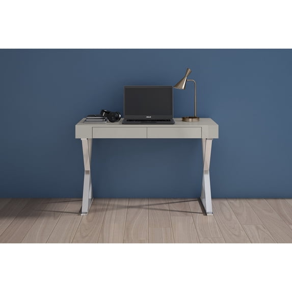Whiteline Modern Living Elm Desk Large, High gloss Light Grey, Two Drawers, Stainless Steel Base