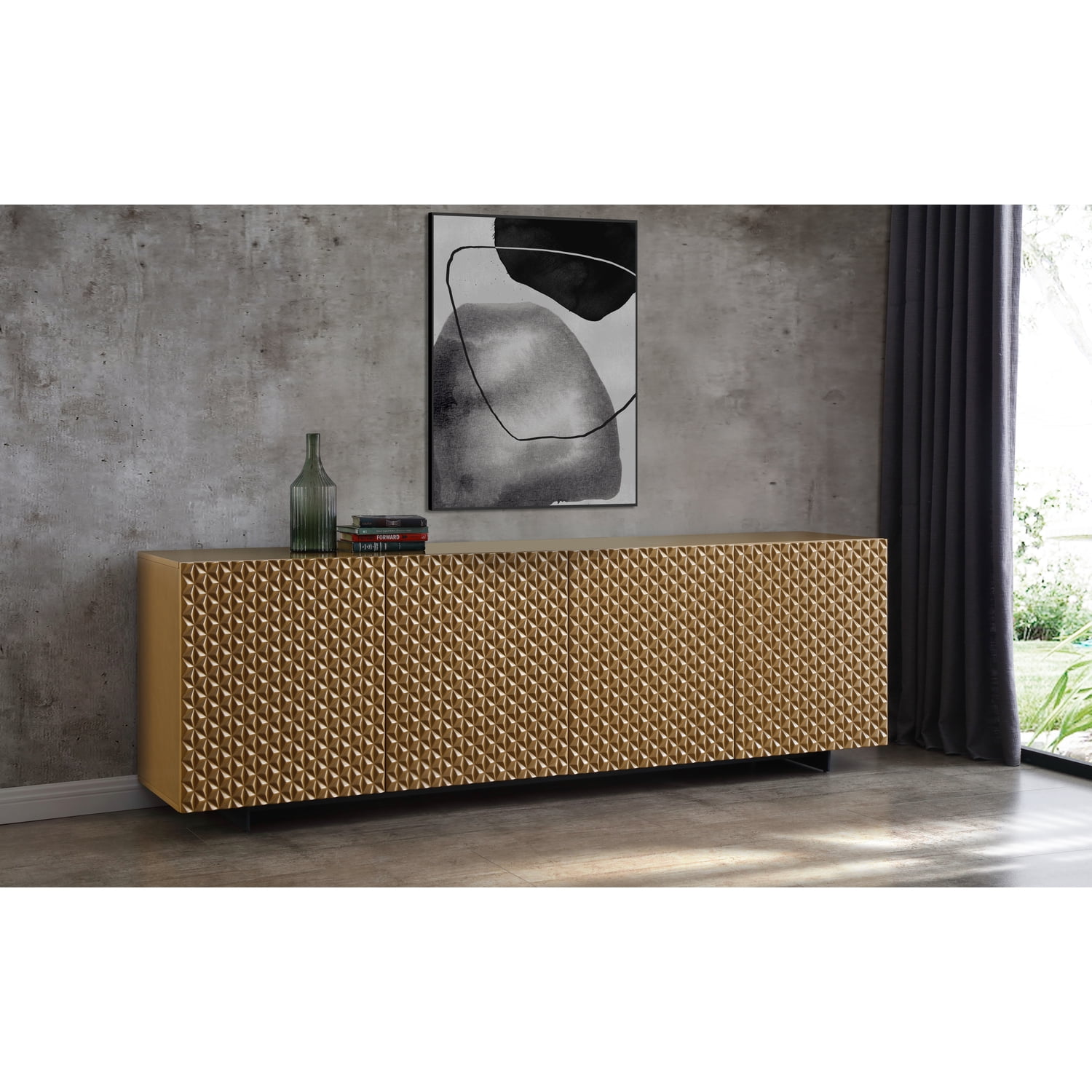 Harper High Gloss Gold and Black Metal 94" Buffet Console