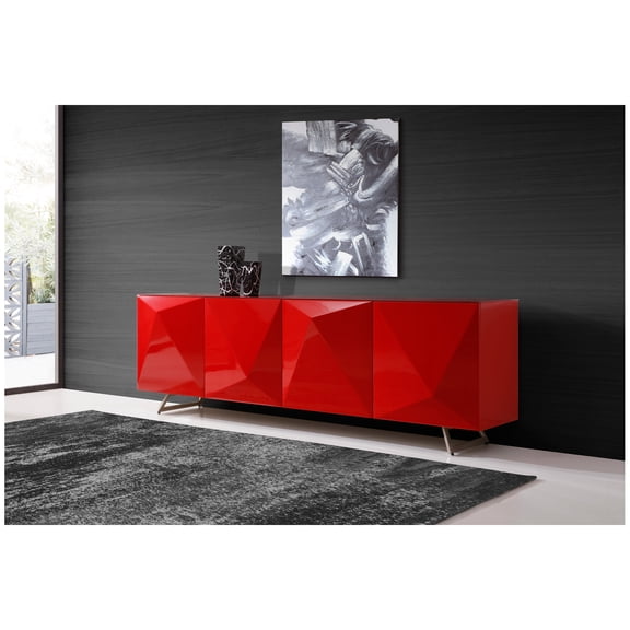 Whiteline Modern Living Samantha Buffet High Gloss Red, design on doors and metal legs with brushed nickel finish