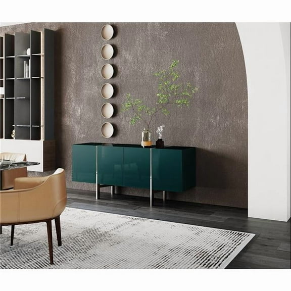 Whiteline Modern Living Struttura Buffet Small, high gloss Dark Green, Adjustable Glass Shelves, Polished Stainless Steel Legs.