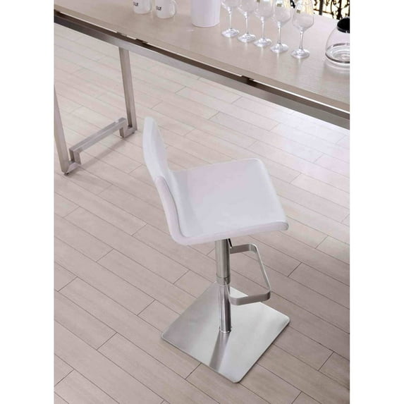 Watson Barstool White Faux Leather, adjustable height and square stainless steel base.
