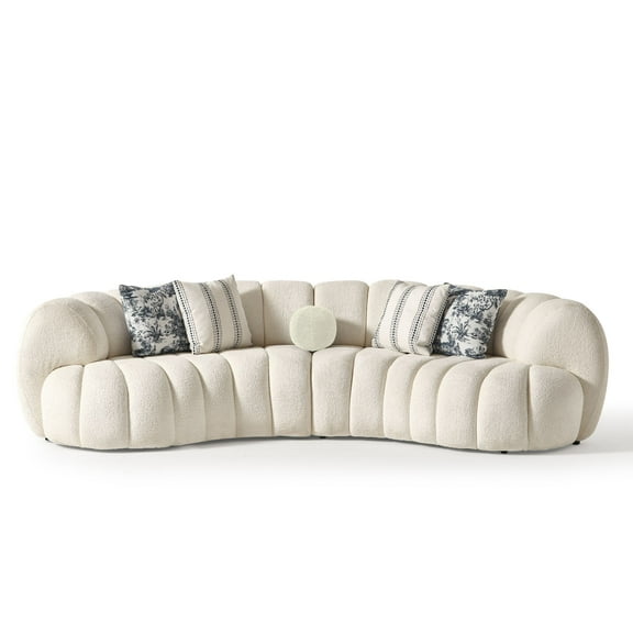 Rhodes Curved Sofa, Upholstered in high-quality Fire-Resistant White Chenille Fabric AIC-SIENA01.