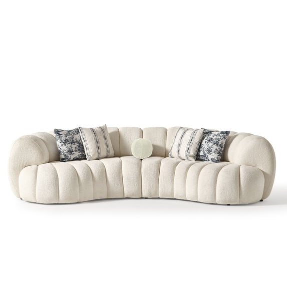 Rhodes Curved Sofa, Upholstered in high-quality Fire-Resistant White Chenille Fabric AIC-SIENA01.