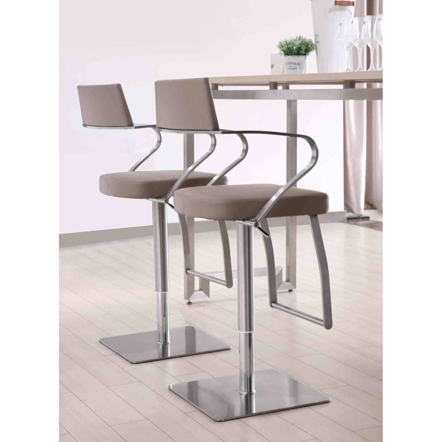 Taupe Adjustable Swivel Barstool with Stainless Steel Base