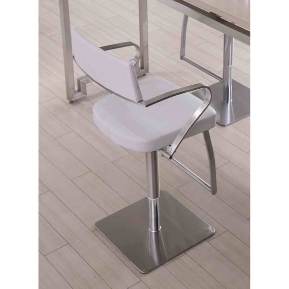 Whiteline Modern Living Zuri Barstool White adjustable height with armrests and square stainless steel base.