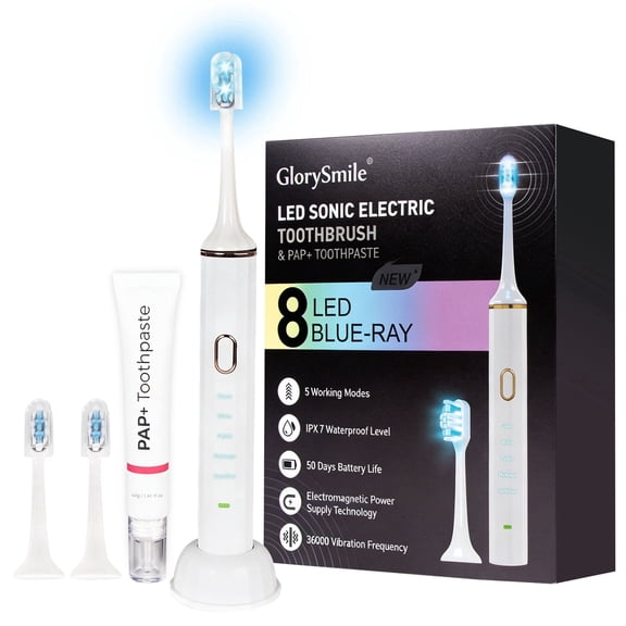 Sonic Electric Toothbrush with Whitening Toothpaste, 8 LED Blue Light 313 W/m High Intensity, PAP+ Dual Whitening, 5 Cleaning Modes, IPX7 Waterproof