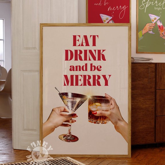 Whitepeak Art Holiday Bar Cart Print, Trendy Xmas Cocktail Wall Art, Eat And Be Merry Bar Cart Decor, , Art, Housewarming Present Ideas, 8x12 UNFFRAMED