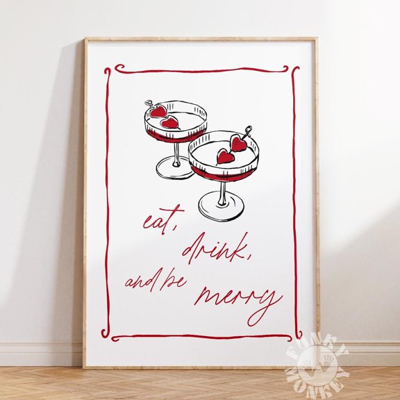 Whitepeak Art Holiday Bar Cart Print, Xmas Cocktail Wall Art Eat Be Merry Bar Cart Decor, Trendy Holiday Decor, , Art, Housewarming Present Ideas, 24x36 UNFFRAMED