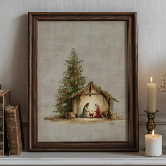Whitepeak Art Nativity Scene Wall Art Print – Holy Family Xmas Artwork With Tree, Baby Jesus Manger , Christian Holiday Decor, Religious Art, Housewarming Present Ideas, 16x24 UNFFRAMED