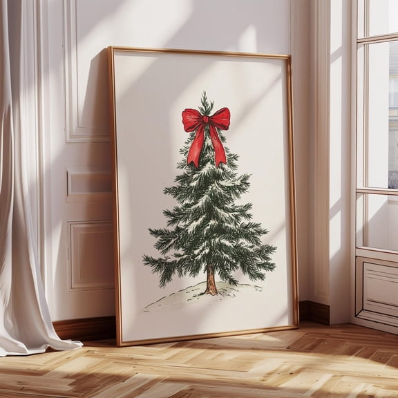 Whitepeak Art Vintage Xmas Tree Print: Red Bow Holiday Decor, Housewarming Present Ideas, 24x36 UNFFRAMED