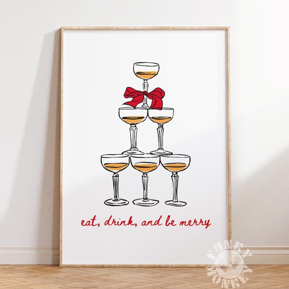Whitepeak Art Xmas Holiday Bar Cart Print, Eat Be Merry Cocktail Wall Art, Coquette Bar Cart Decor, Trendy Red Bow , Art, Housewarming Present Ideas, 8x12 UNFFRAMED