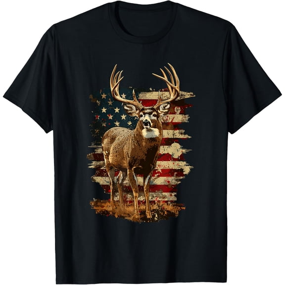 Whitetail Buck Deer Hunting 4th of July USA American Flag Mens T-Shirt