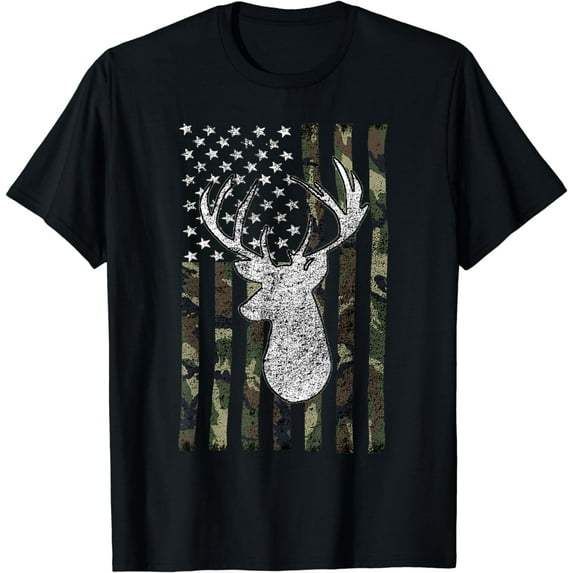 Whitetail Buck Deer Hunting American Camouflage USA Flag Short Sleeve T-Shirt