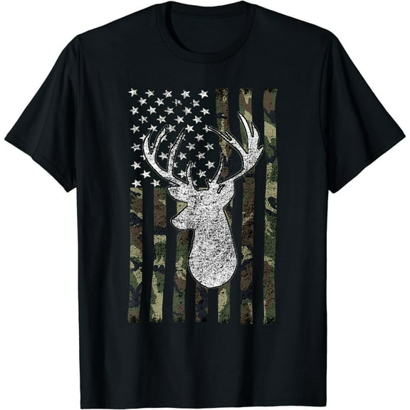 Whitetail Buck Deer Hunting American Camouflage USA Flag Short Sleeve T-Shirt