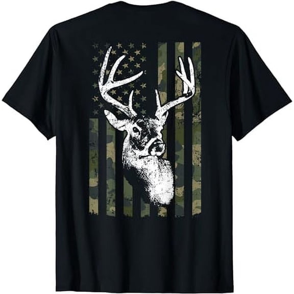 Whitetail Buck Deer Hunting USA Camouflage Flag - ON BACK T-Shirt