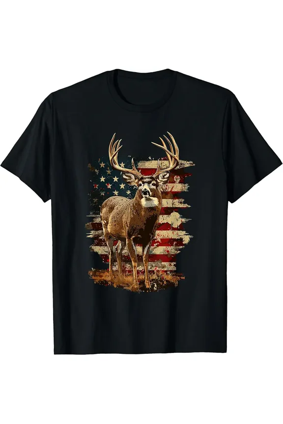 Whitetail Buck Deer Patriotic American Flag Hunter Graphic Short Sleeve T-Shirt for Men
