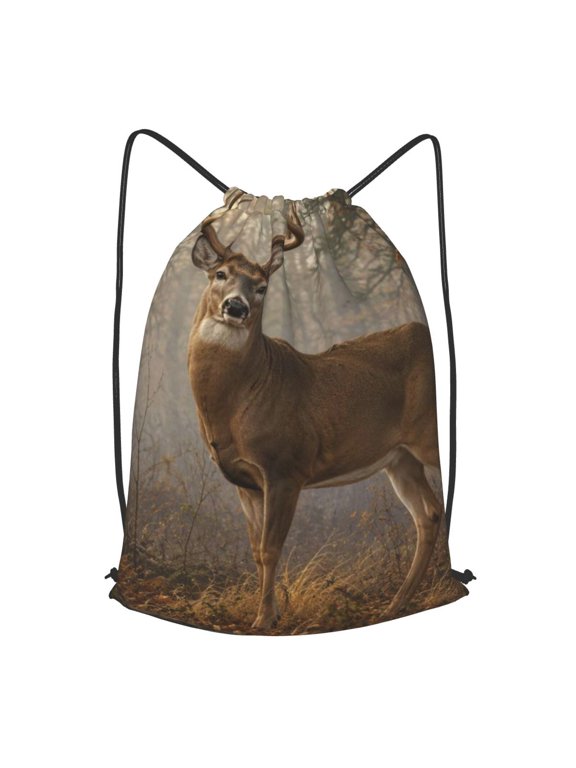 Whitetail Deer Buck Canvas Print Drawstring Backpack Gym String Bag Sports Sackpack Cinch Sack, S