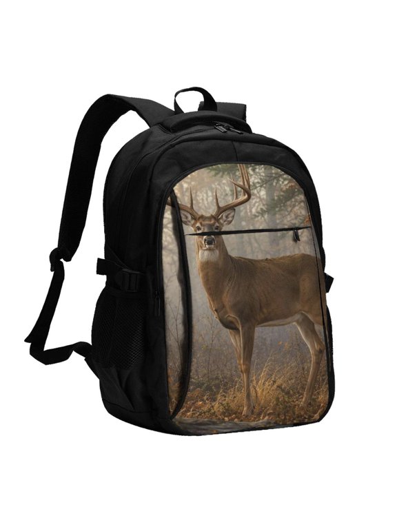 Whitetail Deer Buck Canvas Print Laptop Backpack with USB Charging Headphone Port Casual Daypack Bag College Business Travel