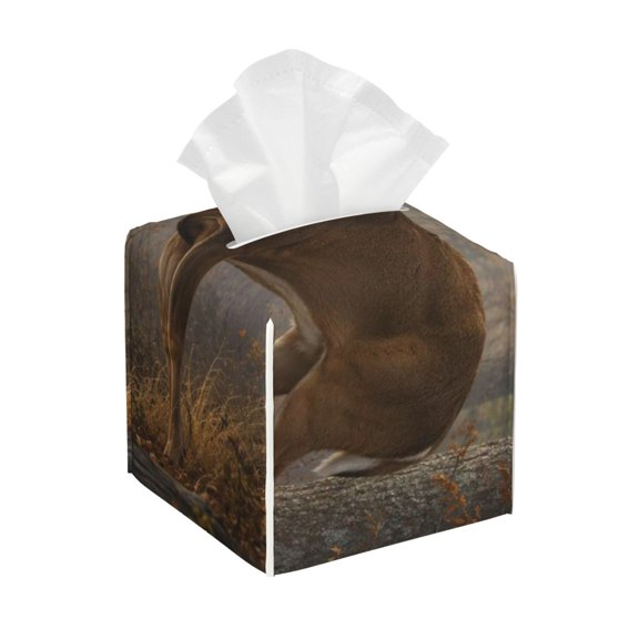 Whitetail Deer Buck Canvas Print Square Faux Leather Tissue Box Cover, PVC Paper Holder with Hook and Loop Closure