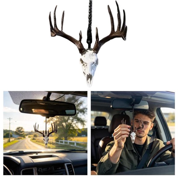 Whitetail Deer Skull Rearview Mirror Hanging Ornament, 4 Inch Rustic Deer Antler Car Charm, Unique Hunting Gift for Men Dad Fathers Day Birthday Christmas