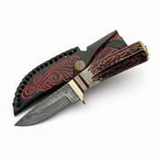 SANZ 8-Inch Heritage Artisan Fixed-Blade   Hand-Forged Damascus Steel Blade with Authentic Textured Stag Handle and Premium Leather Sheath