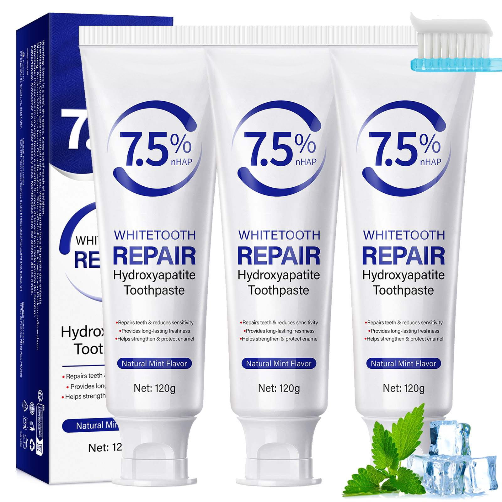 Whitetooth Repair Hydroxyapatite Toothpaste, Powerful Nano Hydroxyapatite Formulat, Effective Enamel Restoration, Lasting Oral Comfort & Freshness, Teeth Whitening, 120g * 3Pack