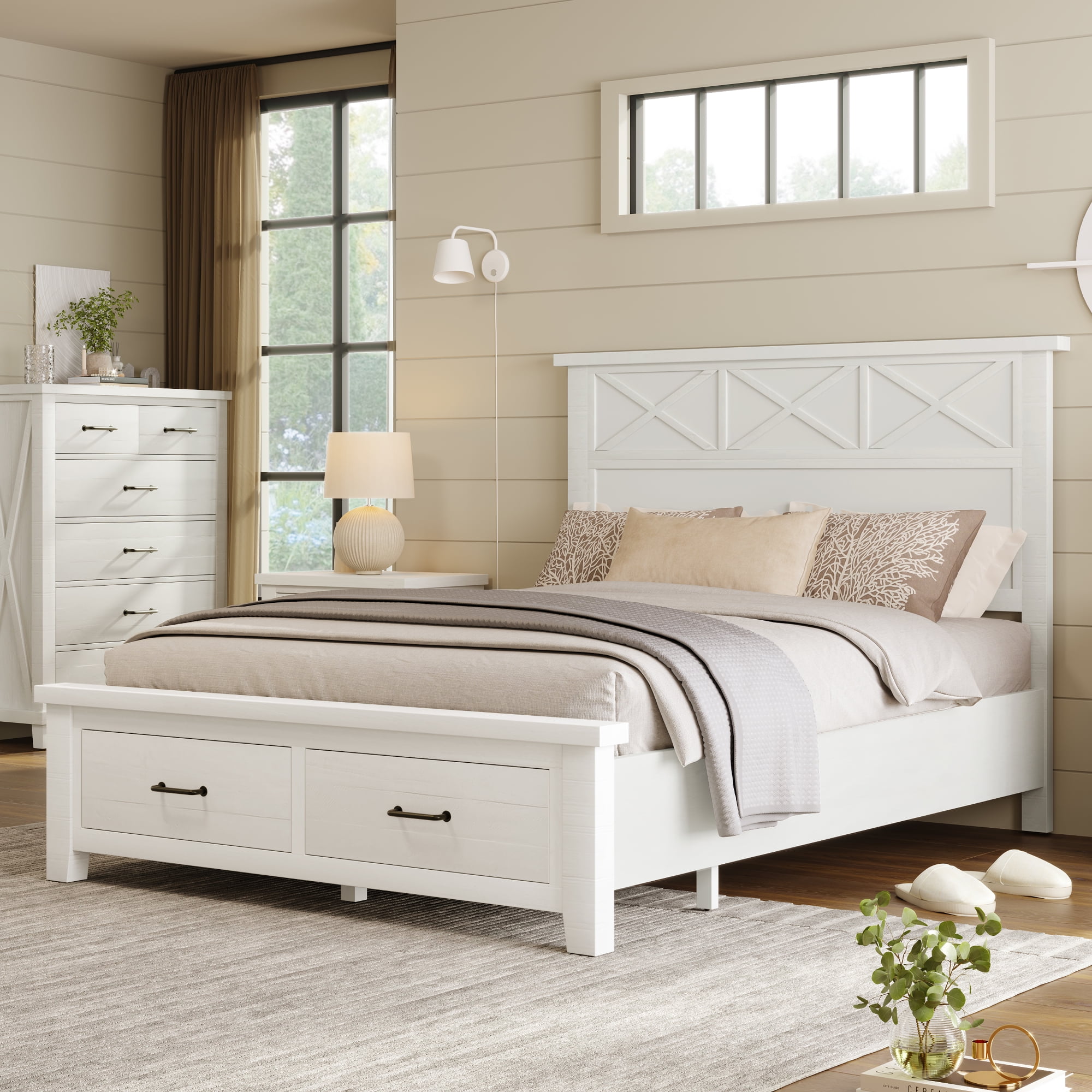 Whitewash Rustic Farmhouse Queen Bed with Storage - 2 Drawers Panel ...