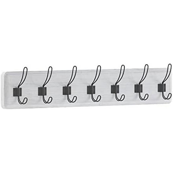 Whitewash Solid Wood Wall Mounted Coat Rack with Shelf, 7 Hooks, 34" Long - Kitchen, Mudroom, Entryway, Bathroom - Includes Mounting Hardware, Coat Hanger, Dog Leash Hooks, Towel Rack
