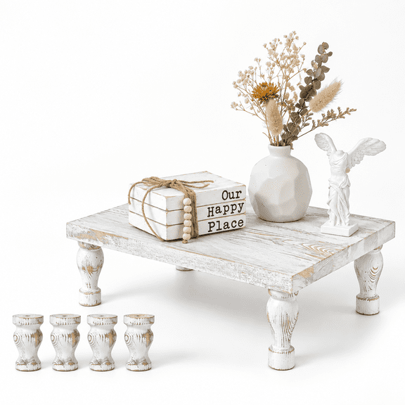 Whitewash Wood Rectangle Pedestal Display Risers Set for Farmhouse Decor