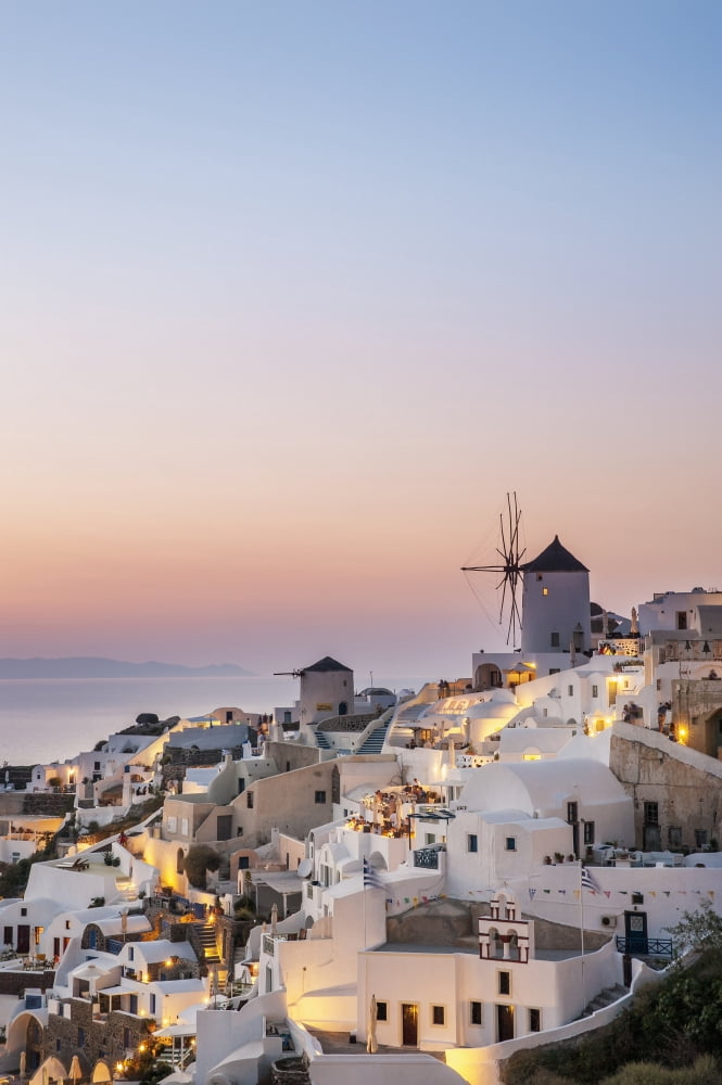 Whitewash buildings and windmill at dusk Oia Santorini Greece Canvas Art - Dosfotos Design Pics (12 x 19)