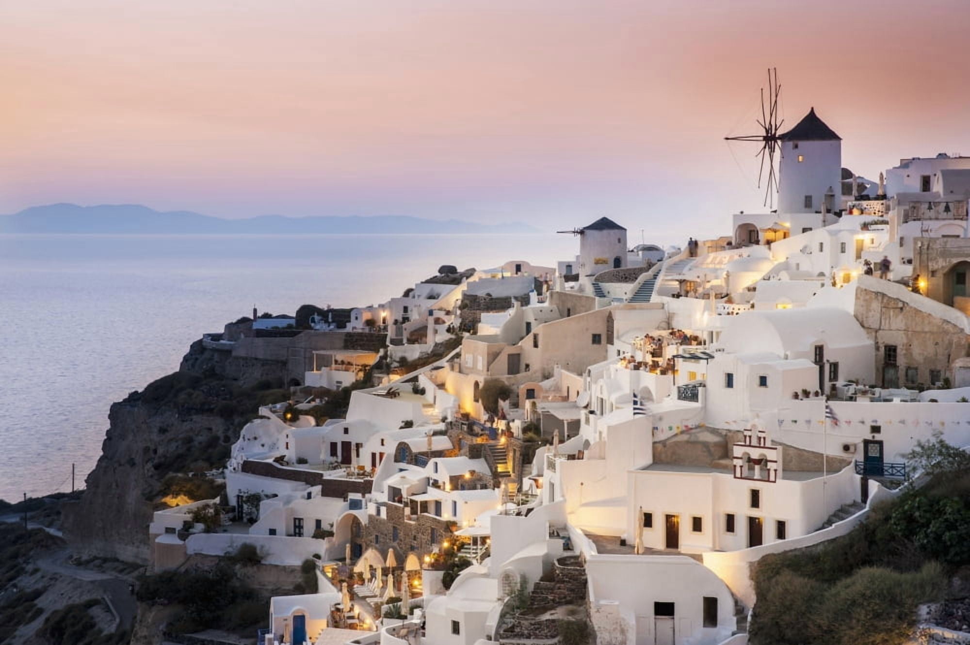 Whitewash buildings and windmill at dusk Oia Santorini Greece Canvas Art - Dosfotos Design Pics (19 x 12)