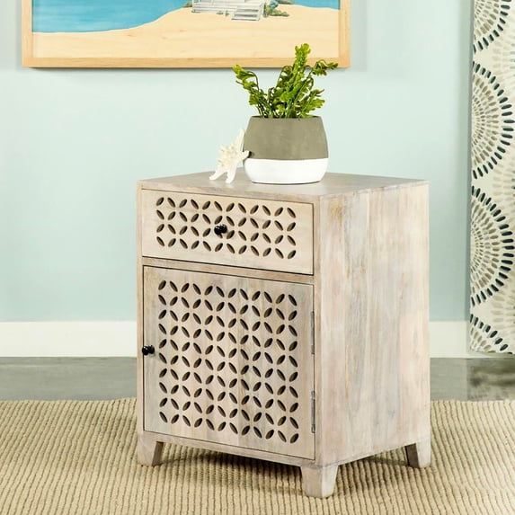 Whitewashed Mango Wood 1 - Door Accent Cabinet with Drawer for Living Areas Keeps Tabletop Neat