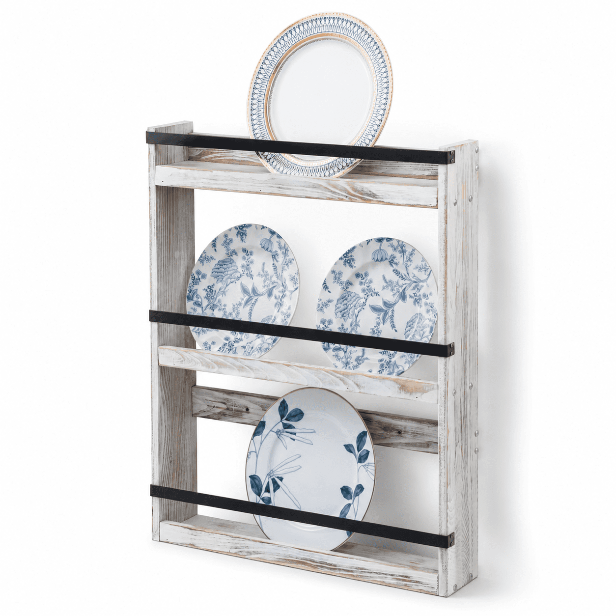 Large Plate Display Rack Whitewashed 3 Tier Farmhouse Wood Wall Mounted Plate Display Rack ...
