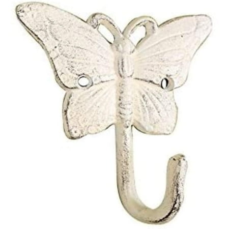 Whitewashed Cast Iron Butterfly Hook 6" - Rustic Wall Hook - Butterfly Decor