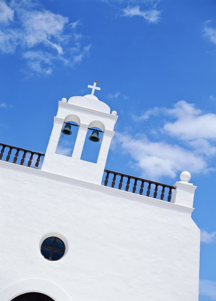 Whitewashed Church With Bell Tower Canvas Art - Ingrid Rasmussen Design Pics (26 x 36)