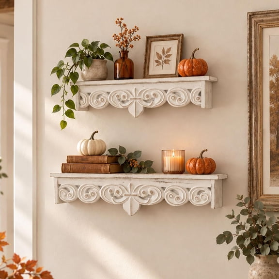 Whitewashed Floating Wall Shelves: Wood Carved Corbel Details | Two Sizes (24 in & 19 in), Rustic Hanging Shelves, 4-inch Depth, for Living Room