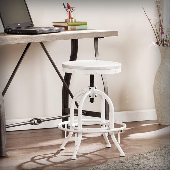 Whitewashed Industrial Height-adjustable Stool, -inspired, Rustic For Business Purposes Adjustable Stool - White, Combining & Industrial, Plank Seat Garden Use