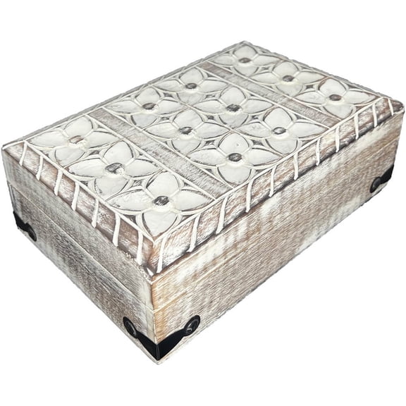 Whitewashed Mango Wood Engraved Box