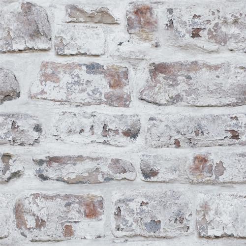 Whitewashed White Brick Wallpaper - Photographic Design - 3D Effect - Realistic Rustic Brick - Urban Industrial Loft Effect - Paste The Paper - Easy to Hang, 32.8ft Roll - 671100