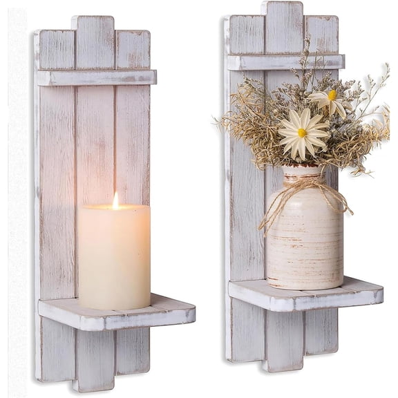 Whitewashed Wood Candle Sconces Wall Decor Set of 2 | Distressed Wall Candle Holders, Display Shelf for Pillar Candles, Plants or Small Decor, Easy Wall Mount
