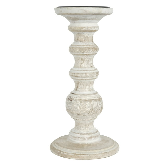 Whitewashed Wood Carved Pillar Candle Holder by Ashland®