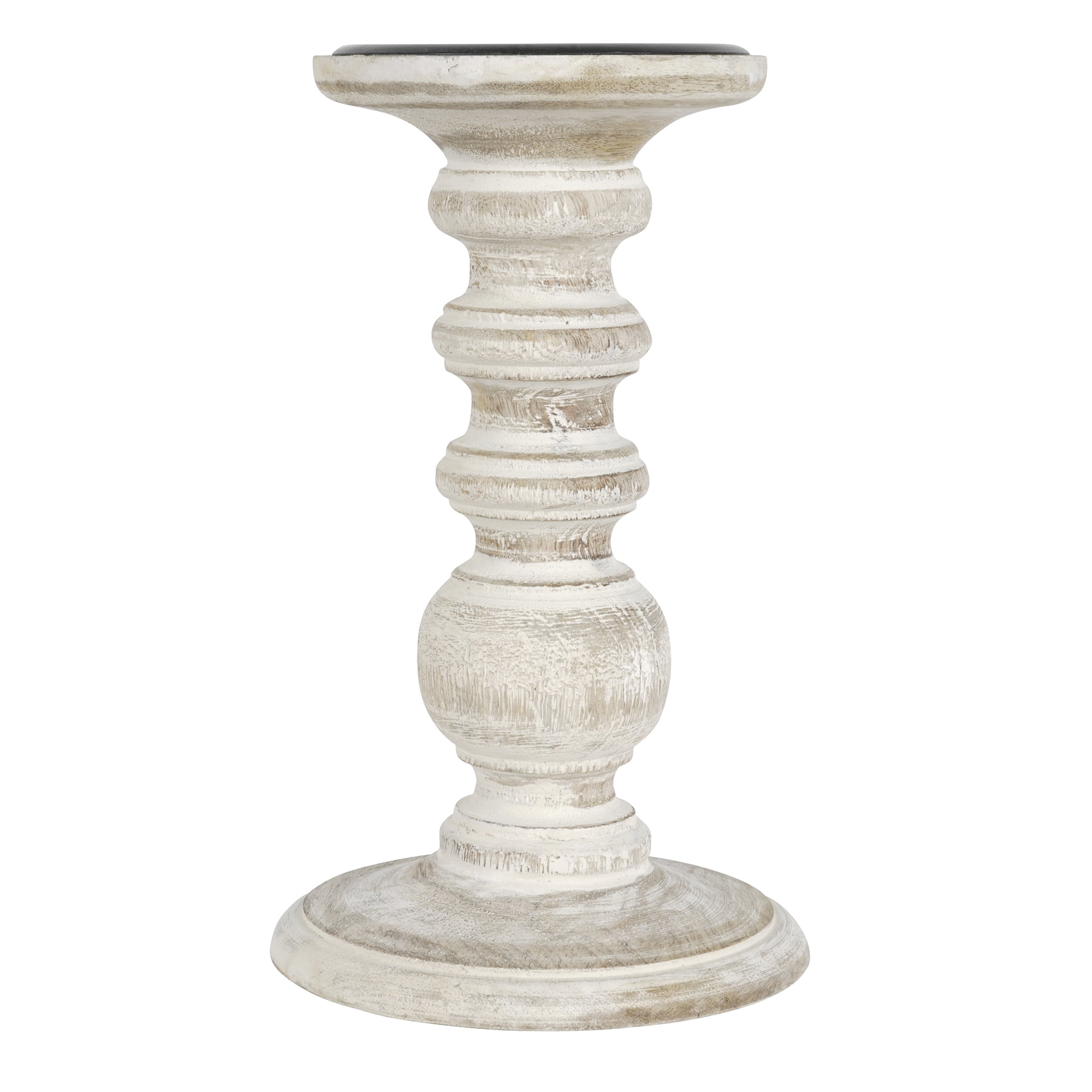 Whitewashed Wood Carved Pillar Candle Holder, 8" x 4.5"