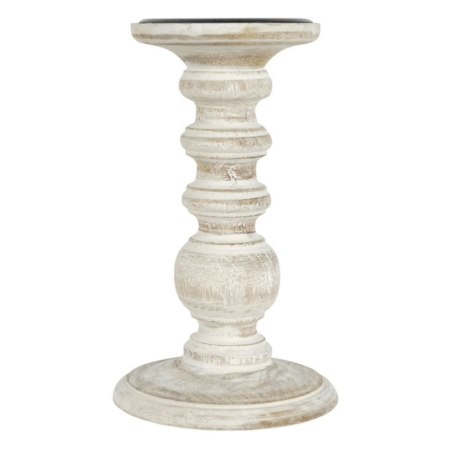 Whitewashed Wood Carved Pillar Candle Holder by Ashland®