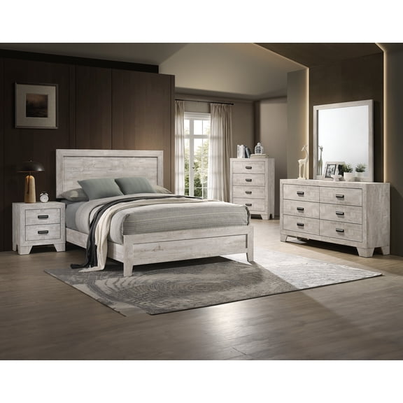 Whitewashed Wood Finish 5pc Full Size Panel Bed Set Master Bedroom Furniture