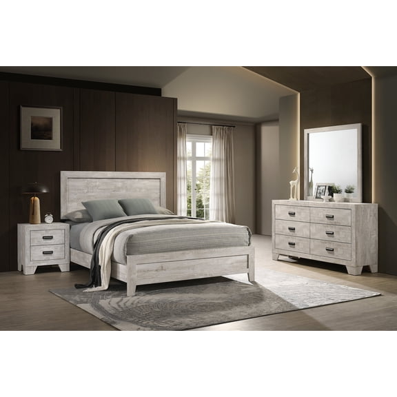 Whitewashed Wood Finish 5pc King Size Panel Bed Set Master Bedroom Furniture