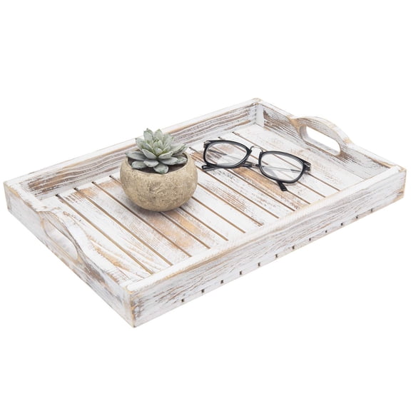 Whitewashed Wood Serving Tray with Cutout Handles, Slatted Rectangular Design