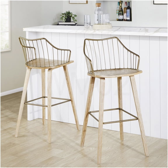 Whitewashed Wood and Antique Copper Bar Stool with Footrest, Fixed Height Farmhouse Kitchen Island Stool