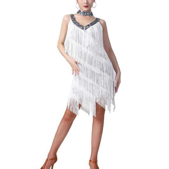 Whitewed Beaded Fringe Flapper Dance Dress The Great Gatsby Adult White