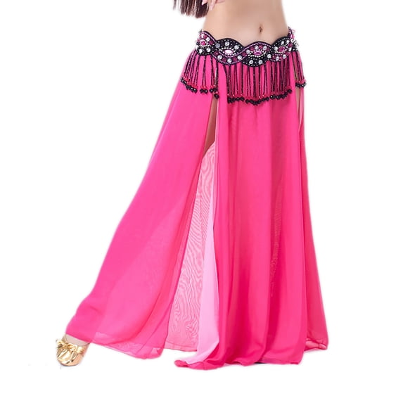 Whitewed Chiffon Side Slits Two-Layer Panel Style Construction Belly Dance Skirt Rose/Pink